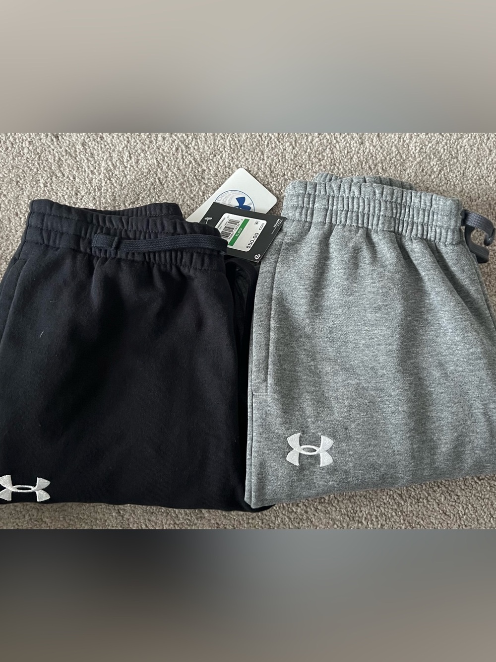 New 2 Pairs Under Armour Boys YLG (14-16) Rival Fleece Black & Grey Joggers